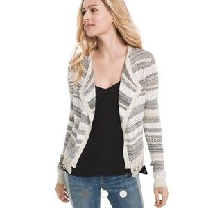 White House Black Market Striped Mix Stitch Sweater Jacket Cardigan Fringe Hem